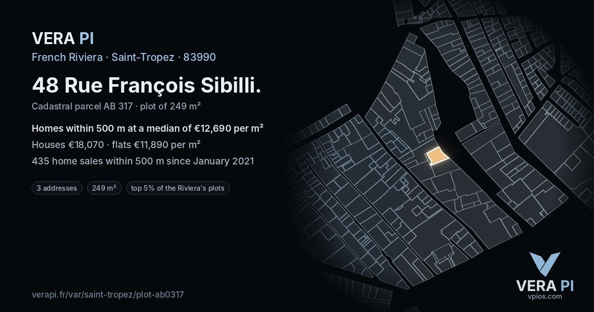 48 Rue François Sibilli, Saint-Tropez at night – the plot lit, the parcels around coloured by the prices near them