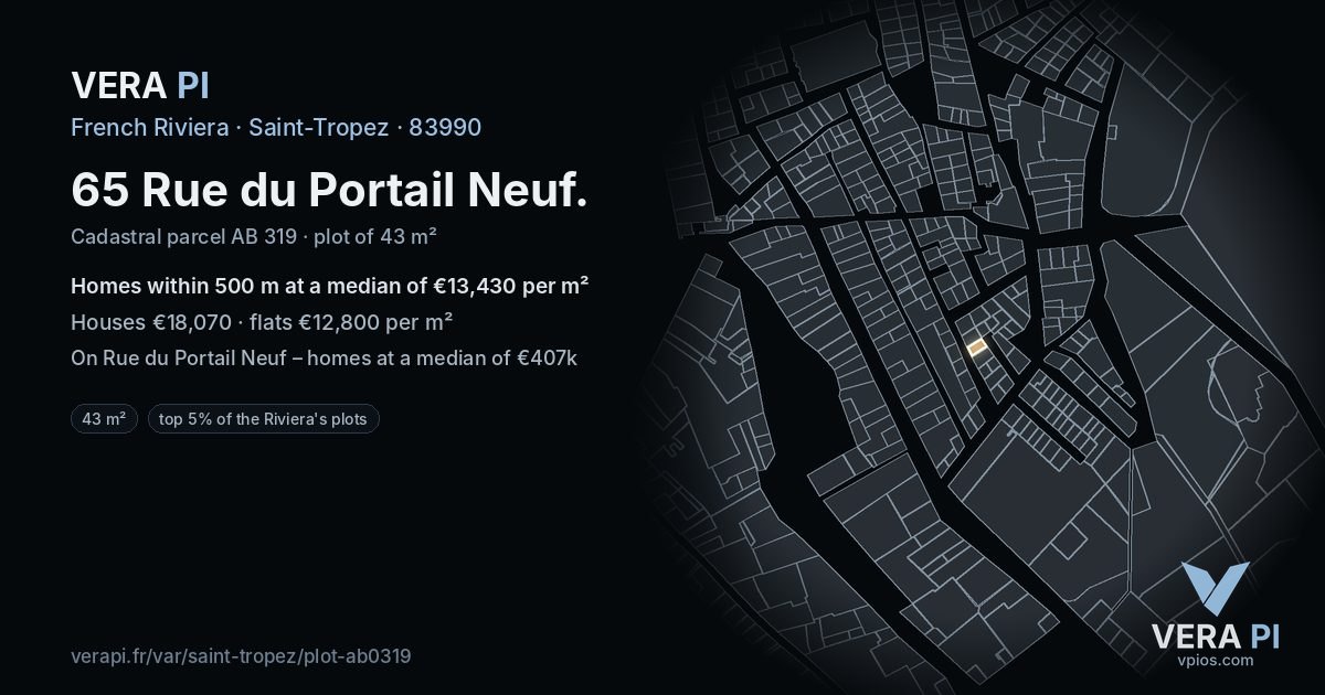 65 Rue du Portail Neuf, Saint-Tropez at night – the plot lit, the parcels around coloured by the prices near them