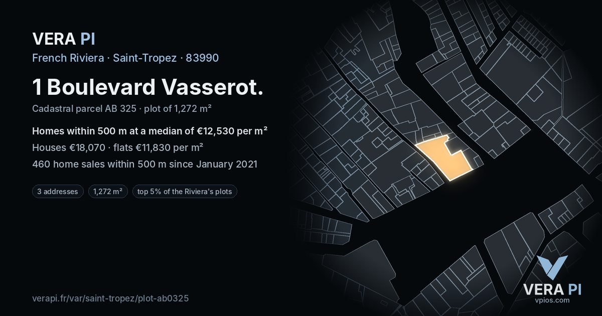 1 Boulevard Vasserot, Saint-Tropez at night – the plot lit, the parcels around coloured by the prices near them