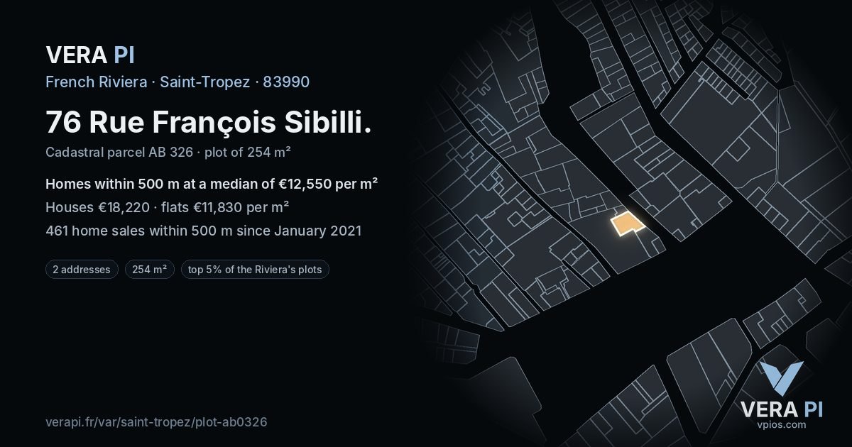 76 Rue François Sibilli, Saint-Tropez at night – the plot lit, the parcels around coloured by the prices near them