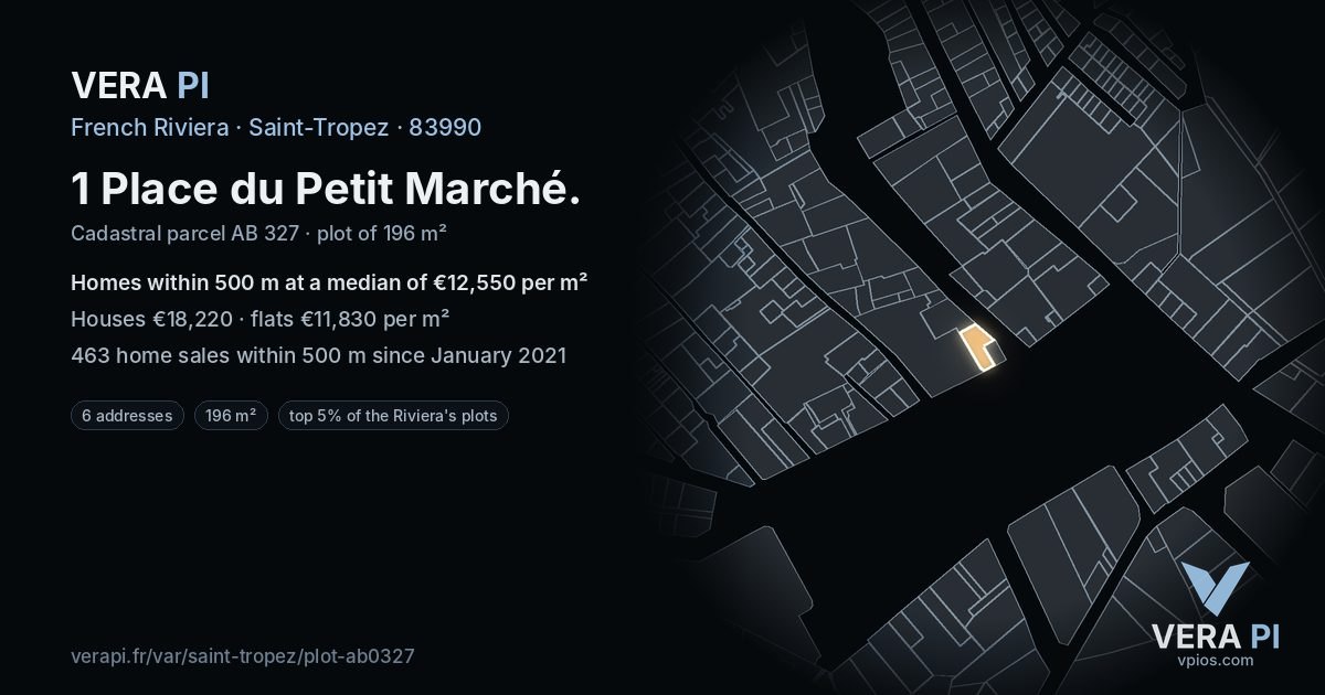 1 Place du Petit Marché, Saint-Tropez at night – the plot lit, the parcels around coloured by the prices near them