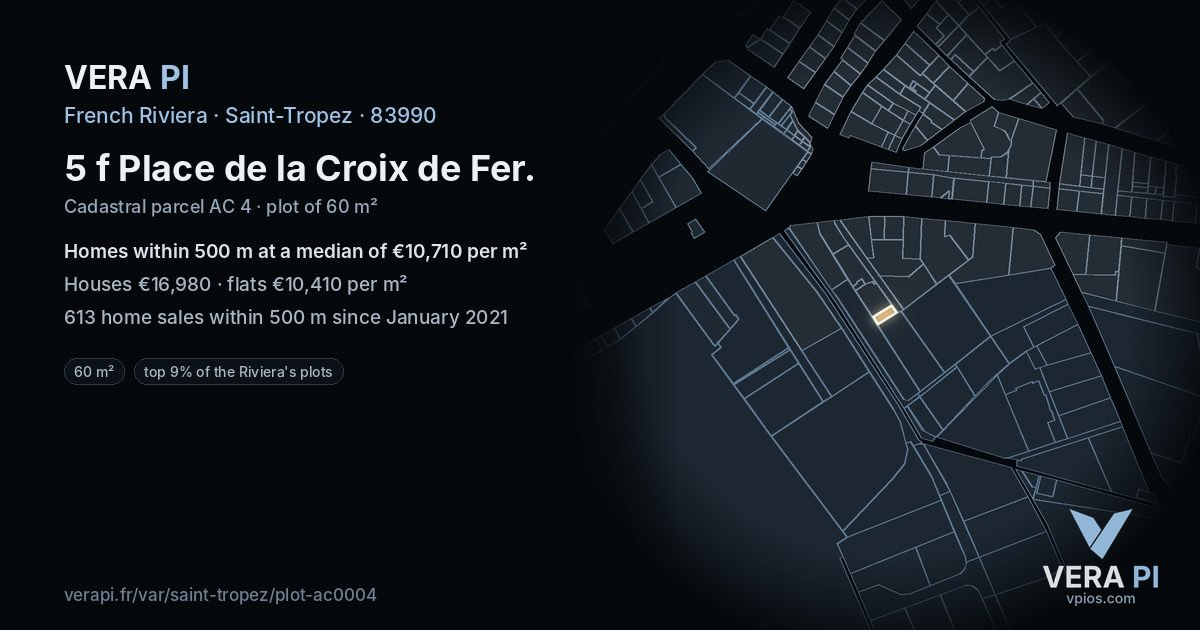 5 f Place de la Croix de Fer, Saint-Tropez at night – the plot lit, the parcels around coloured by the prices near them