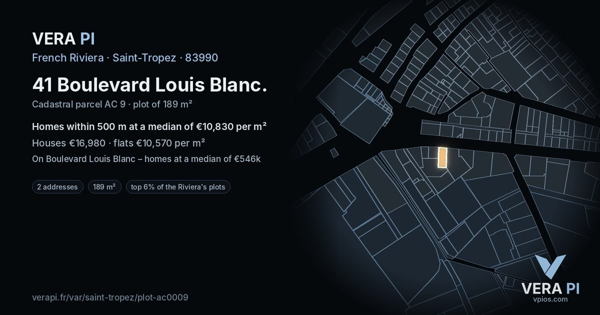41 Boulevard Louis Blanc, Saint-Tropez at night – the plot lit, the parcels around coloured by the prices near them