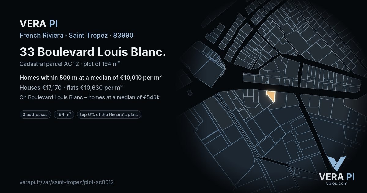 33 Boulevard Louis Blanc, Saint-Tropez at night – the plot lit, the parcels around coloured by the prices near them