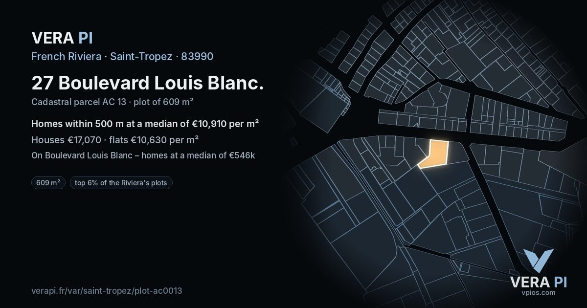 27 Boulevard Louis Blanc, Saint-Tropez at night – the plot lit, the parcels around coloured by the prices near them