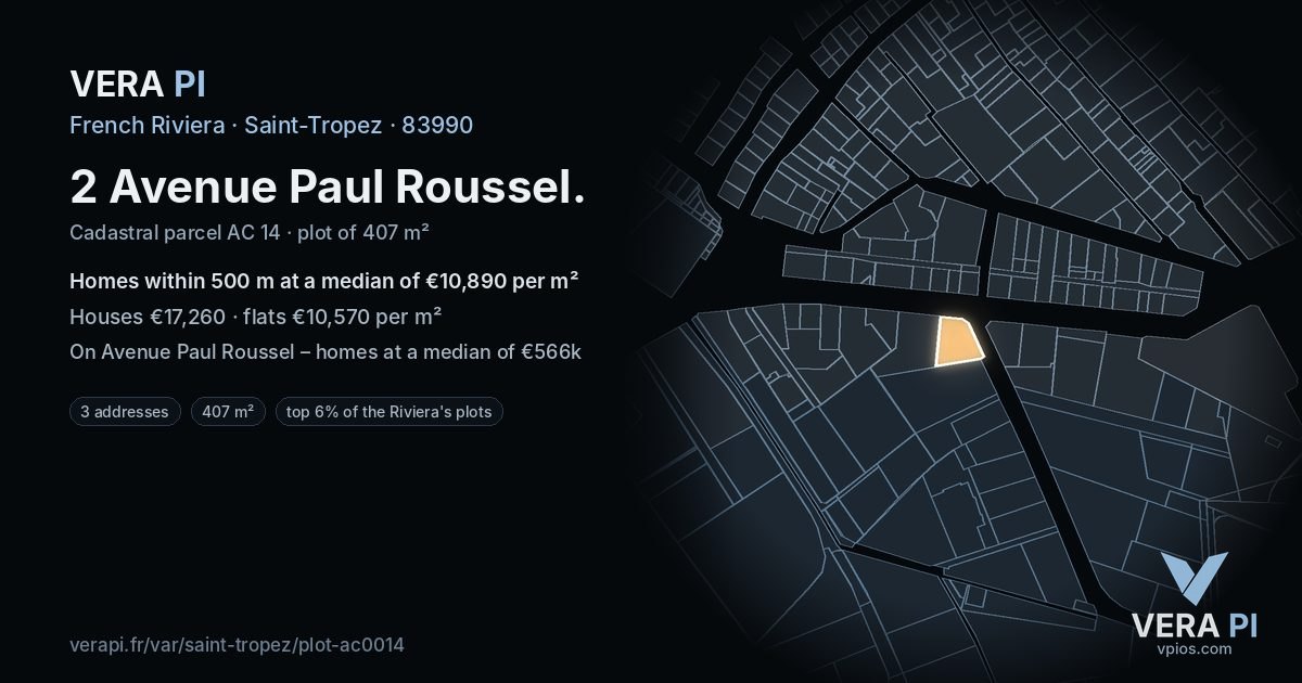 2 Avenue Paul Roussel, Saint-Tropez at night – the plot lit, the parcels around coloured by the prices near them