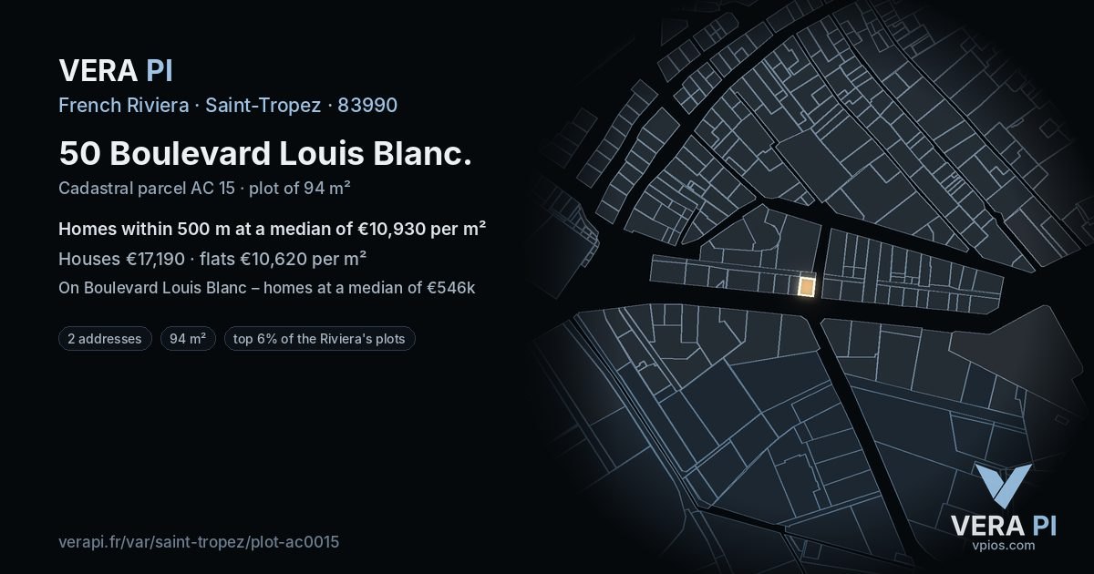 50 Boulevard Louis Blanc, Saint-Tropez at night – the plot lit, the parcels around coloured by the prices near them
