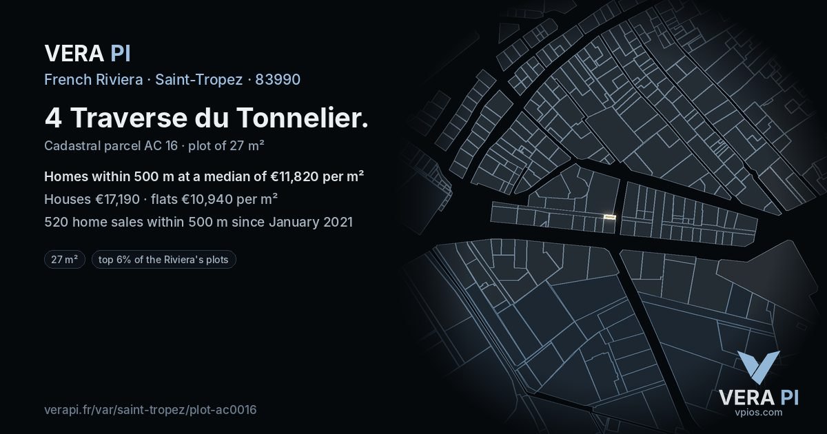 4 Traverse du Tonnelier, Saint-Tropez at night – the plot lit, the parcels around coloured by the prices near them