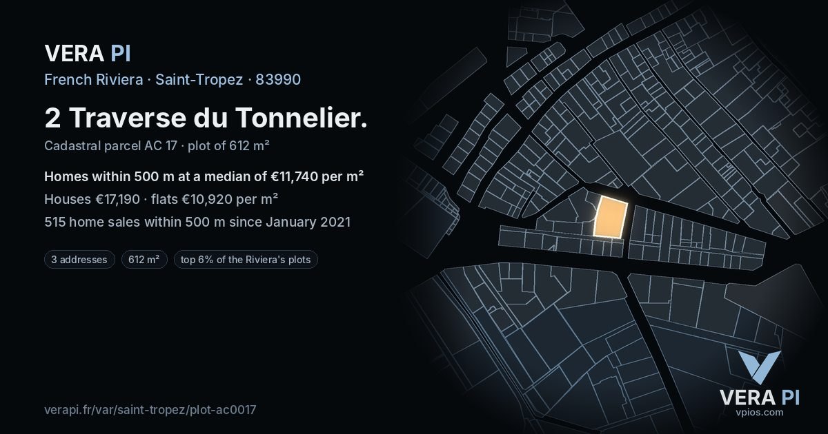 2 Traverse du Tonnelier, Saint-Tropez at night – the plot lit, the parcels around coloured by the prices near them
