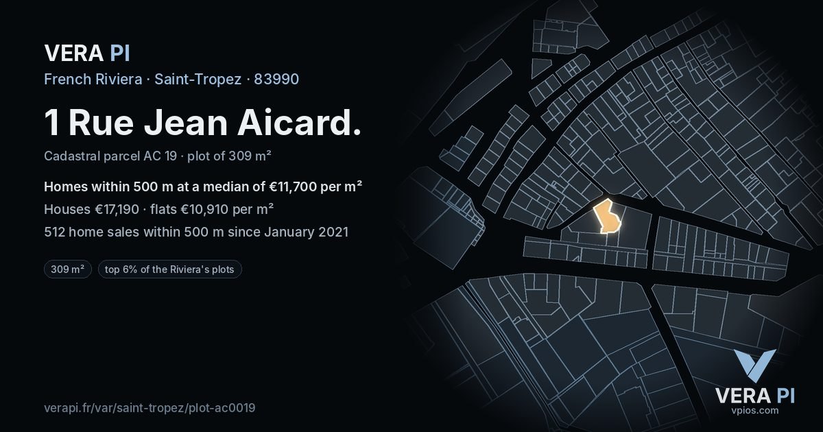 1 Rue Jean Aicard, Saint-Tropez at night – the plot lit, the parcels around coloured by the prices near them