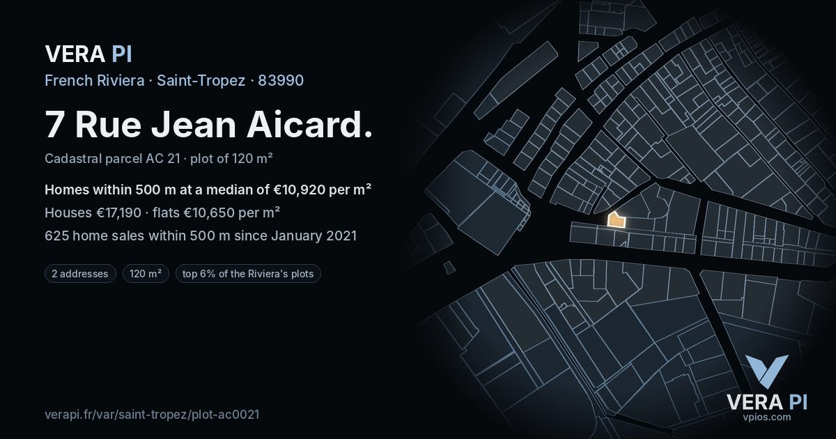 7 Rue Jean Aicard, Saint-Tropez at night – the plot lit, the parcels around coloured by the prices near them