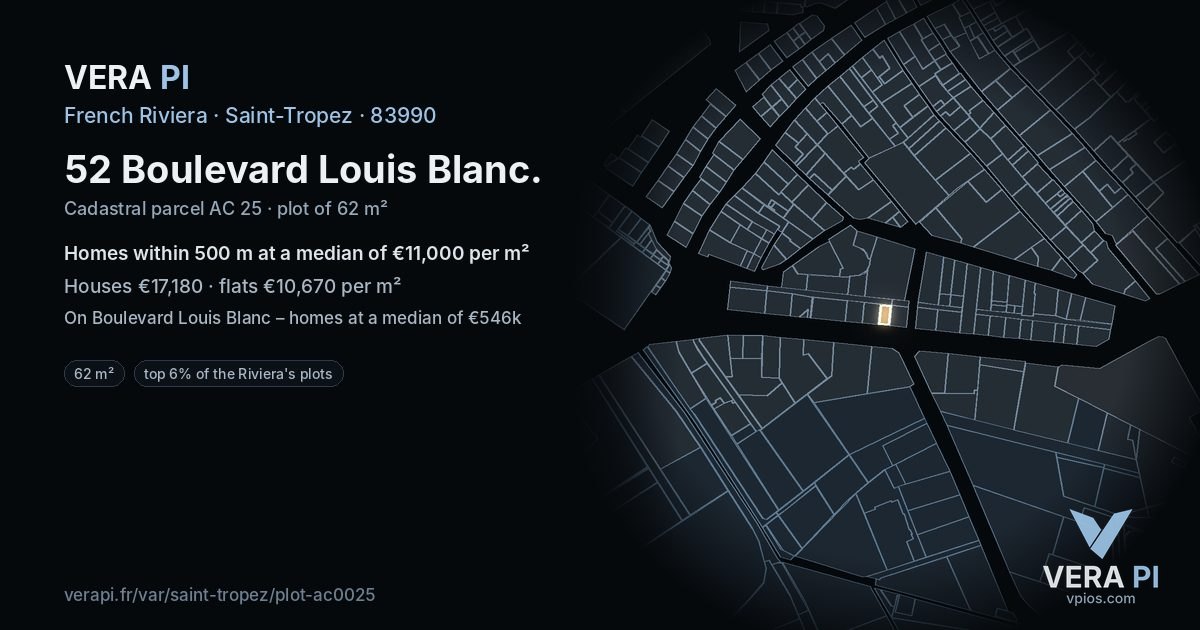 52 Boulevard Louis Blanc, Saint-Tropez at night – the plot lit, the parcels around coloured by the prices near them