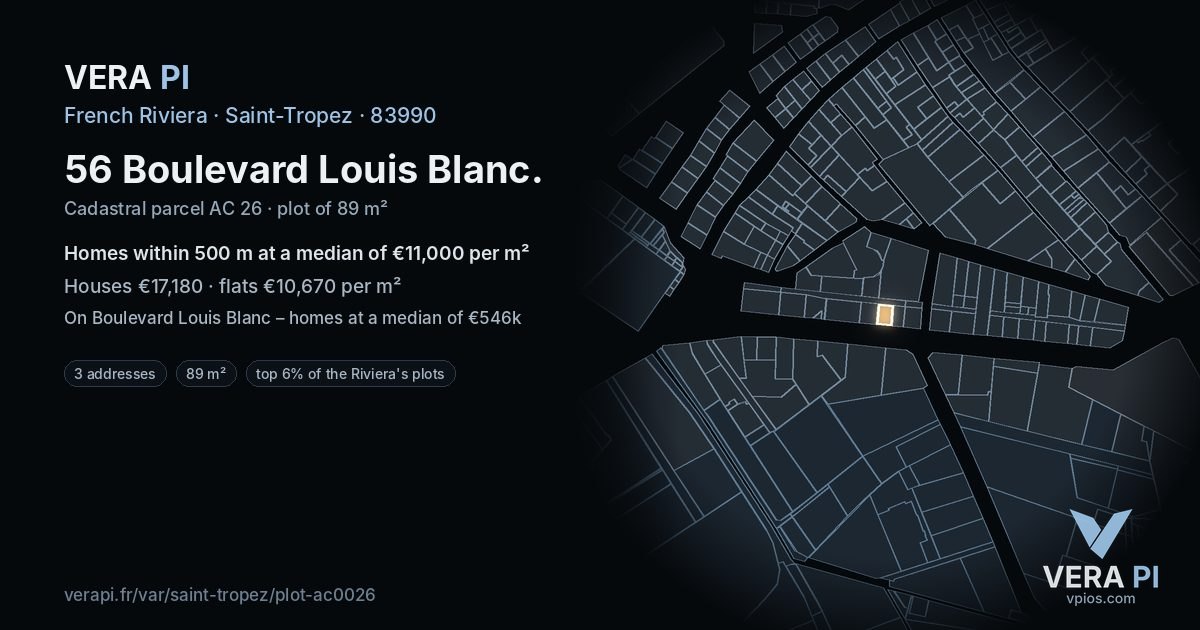 56 Boulevard Louis Blanc, Saint-Tropez at night – the plot lit, the parcels around coloured by the prices near them
