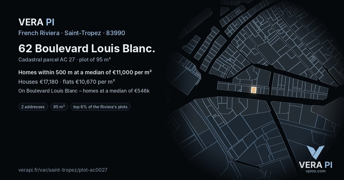 62 Boulevard Louis Blanc, Saint-Tropez at night – the plot lit, the parcels around coloured by the prices near them