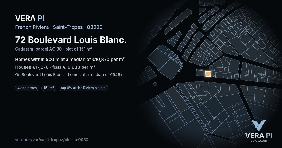 72 Boulevard Louis Blanc, Saint-Tropez at night – the plot lit, the parcels around coloured by the prices near them