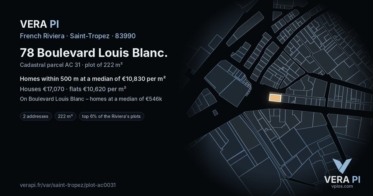78 Boulevard Louis Blanc, Saint-Tropez at night – the plot lit, the parcels around coloured by the prices near them