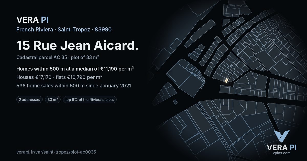 15 Rue Jean Aicard, Saint-Tropez at night – the plot lit, the parcels around coloured by the prices near them