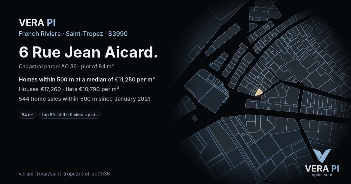 6 Rue Jean Aicard, Saint-Tropez at night – the plot lit, the parcels around coloured by the prices near them