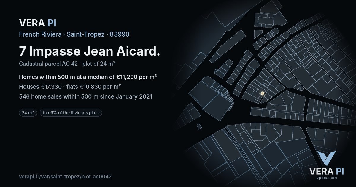 7 Impasse Jean Aicard, Saint-Tropez at night – the plot lit, the parcels around coloured by the prices near them