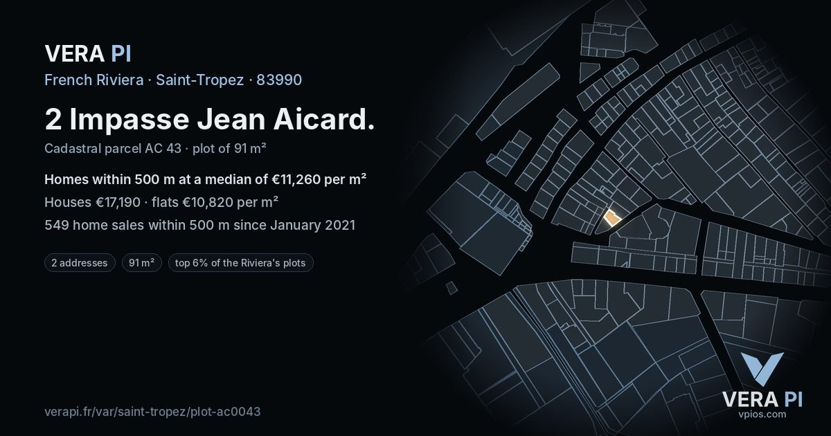 2 Impasse Jean Aicard, Saint-Tropez at night – the plot lit, the parcels around coloured by the prices near them