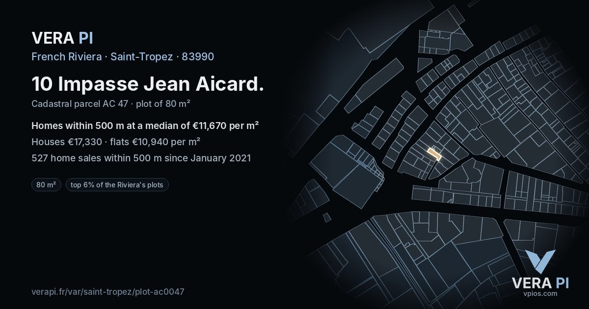 10 Impasse Jean Aicard, Saint-Tropez at night – the plot lit, the parcels around coloured by the prices near them