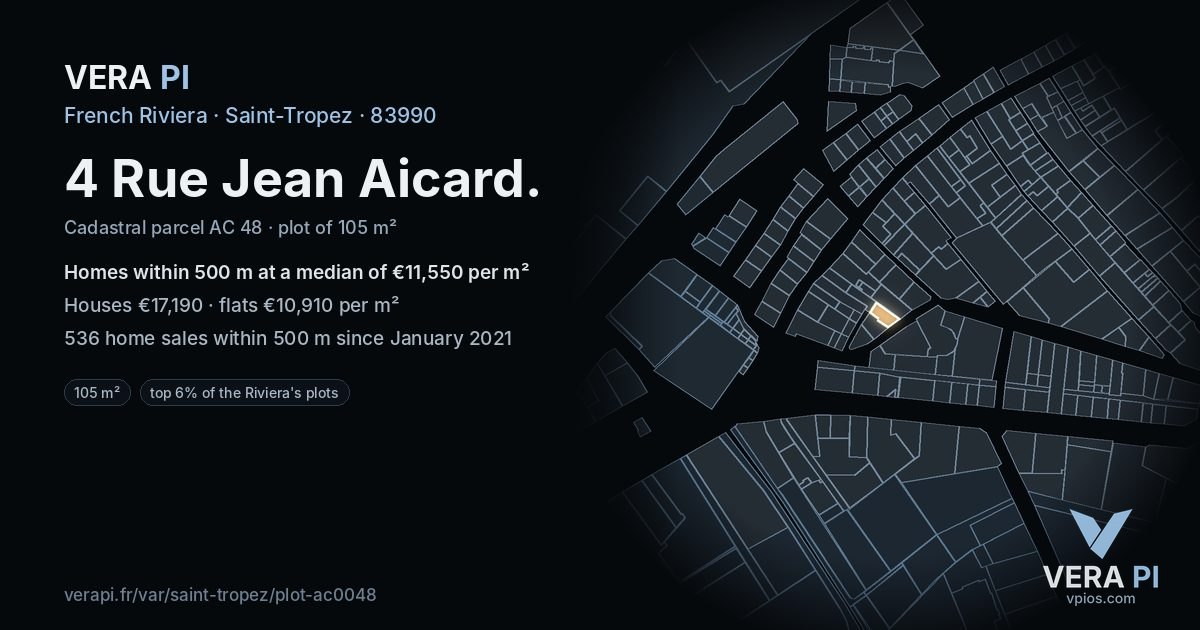 4 Rue Jean Aicard, Saint-Tropez at night – the plot lit, the parcels around coloured by the prices near them