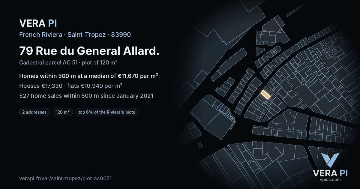 79 Rue du General Allard, Saint-Tropez at night – the plot lit, the parcels around coloured by the prices near them