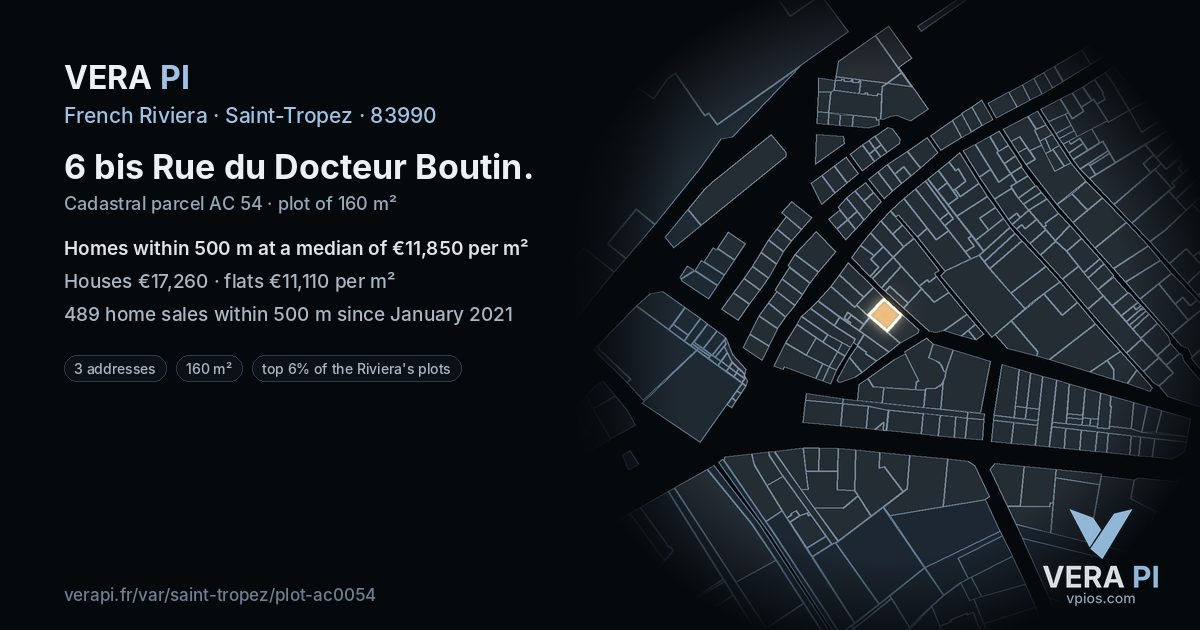 6 bis Rue du Docteur Boutin, Saint-Tropez at night – the plot lit, the parcels around coloured by the prices near them