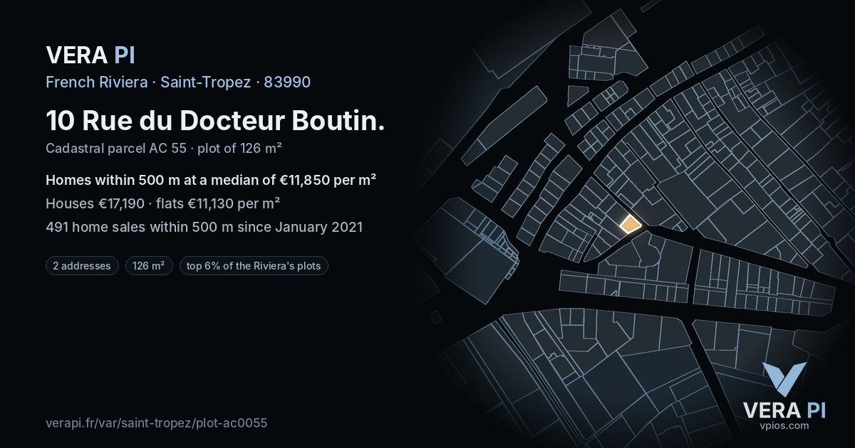 10 Rue du Docteur Boutin, Saint-Tropez at night – the plot lit, the parcels around coloured by the prices near them