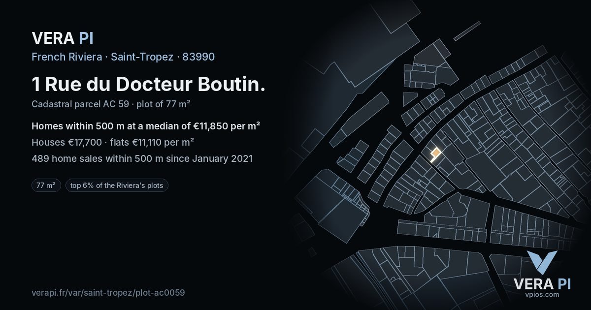 1 Rue du Docteur Boutin, Saint-Tropez at night – the plot lit, the parcels around coloured by the prices near them
