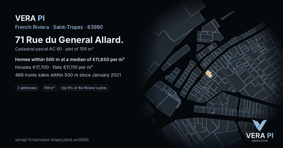 71 Rue du General Allard, Saint-Tropez at night – the plot lit, the parcels around coloured by the prices near them