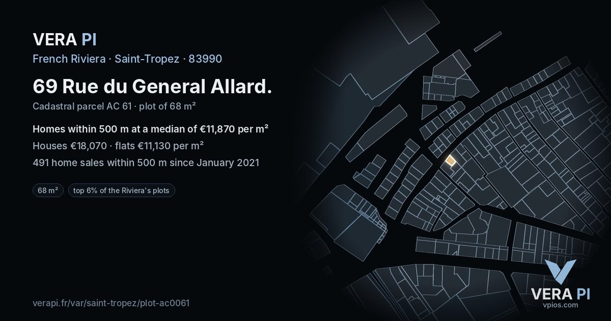 69 Rue du General Allard, Saint-Tropez at night – the plot lit, the parcels around coloured by the prices near them