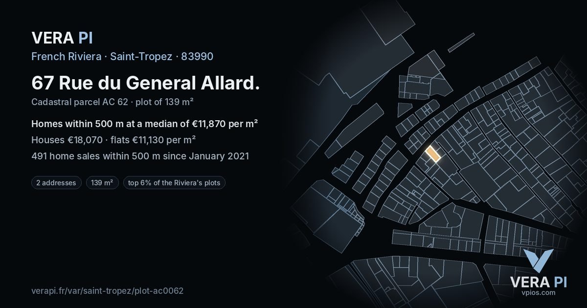 67 Rue du General Allard, Saint-Tropez at night – the plot lit, the parcels around coloured by the prices near them