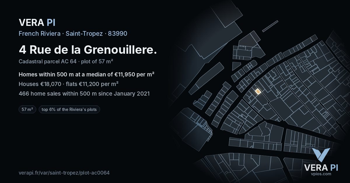 4 Rue de la Grenouillere, Saint-Tropez at night – the plot lit, the parcels around coloured by the prices near them