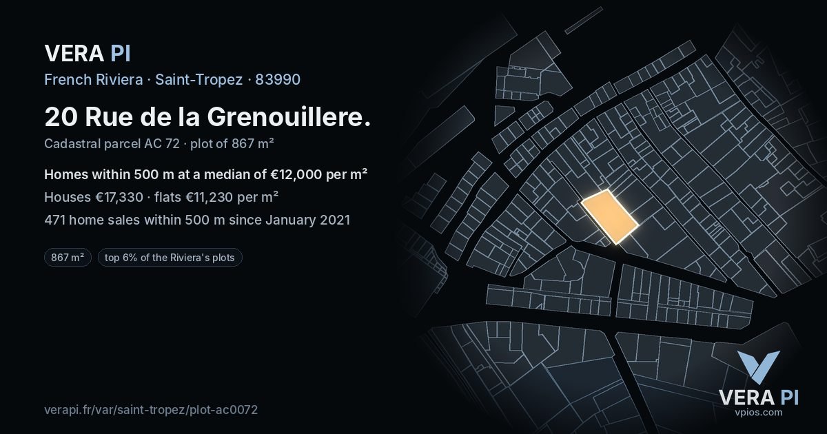 20 Rue de la Grenouillere, Saint-Tropez at night – the plot lit, the parcels around coloured by the prices near them