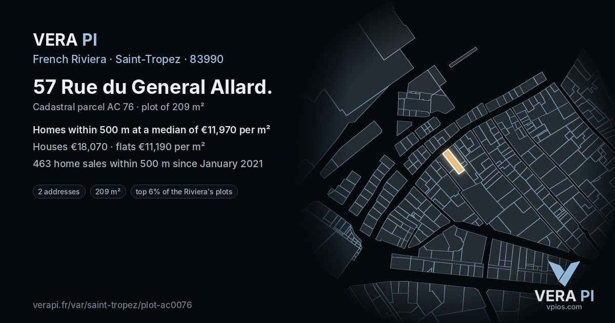 57 Rue du General Allard, Saint-Tropez at night – the plot lit, the parcels around coloured by the prices near them