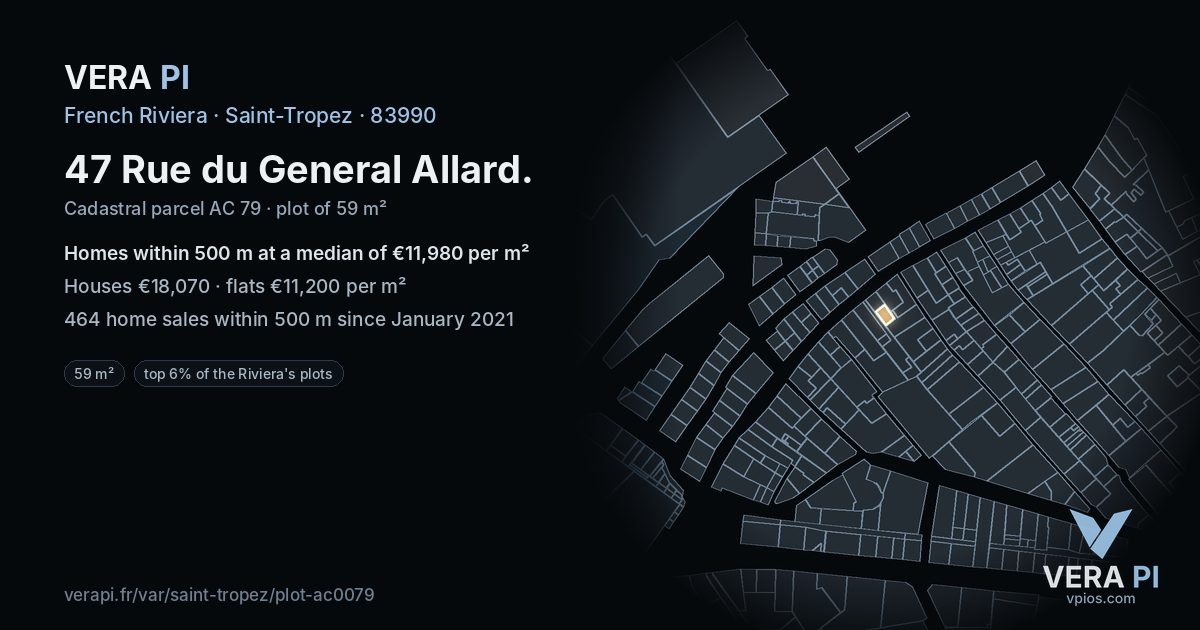 47 Rue du General Allard, Saint-Tropez at night – the plot lit, the parcels around coloured by the prices near them