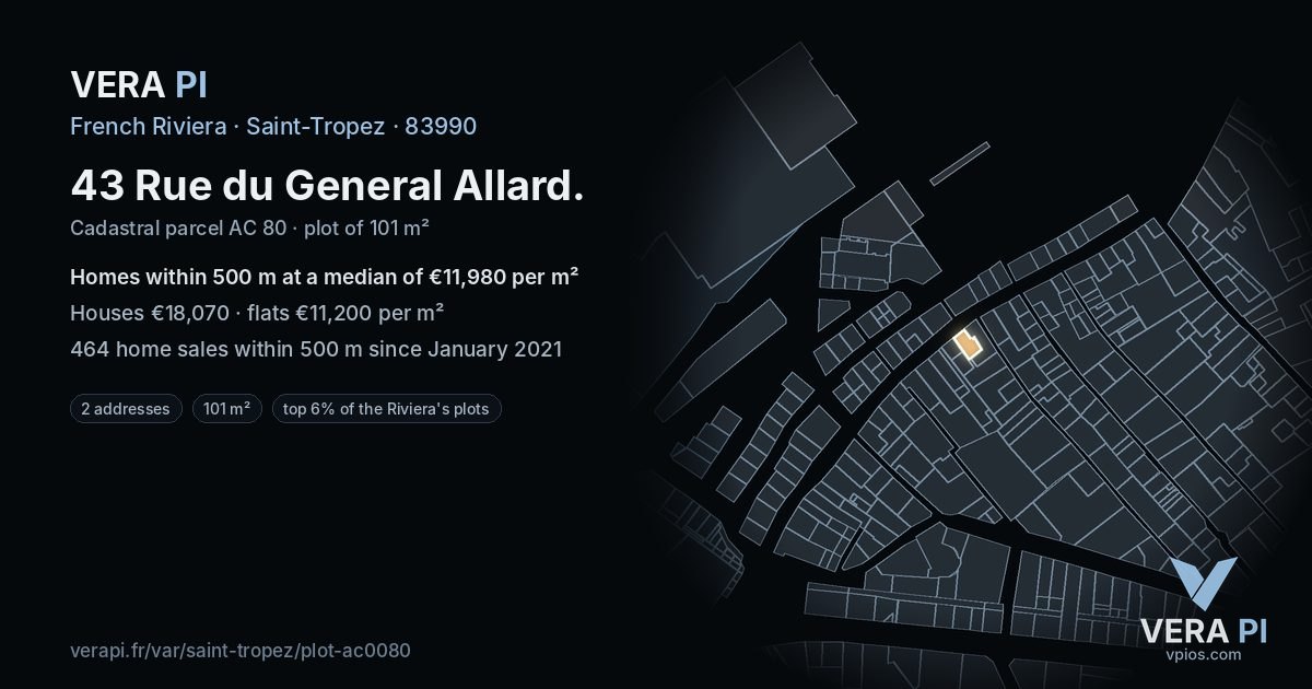 43 Rue du General Allard, Saint-Tropez at night – the plot lit, the parcels around coloured by the prices near them
