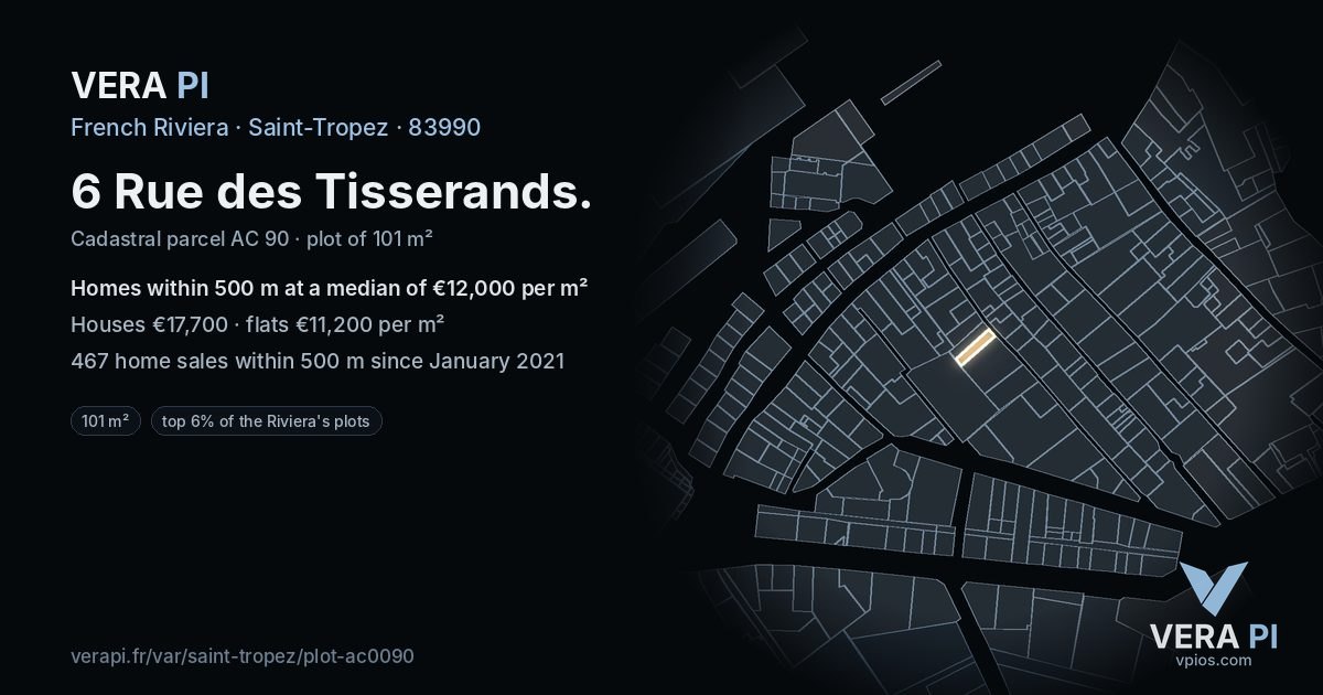 6 Rue des Tisserands, Saint-Tropez at night – the plot lit, the parcels around coloured by the prices near them