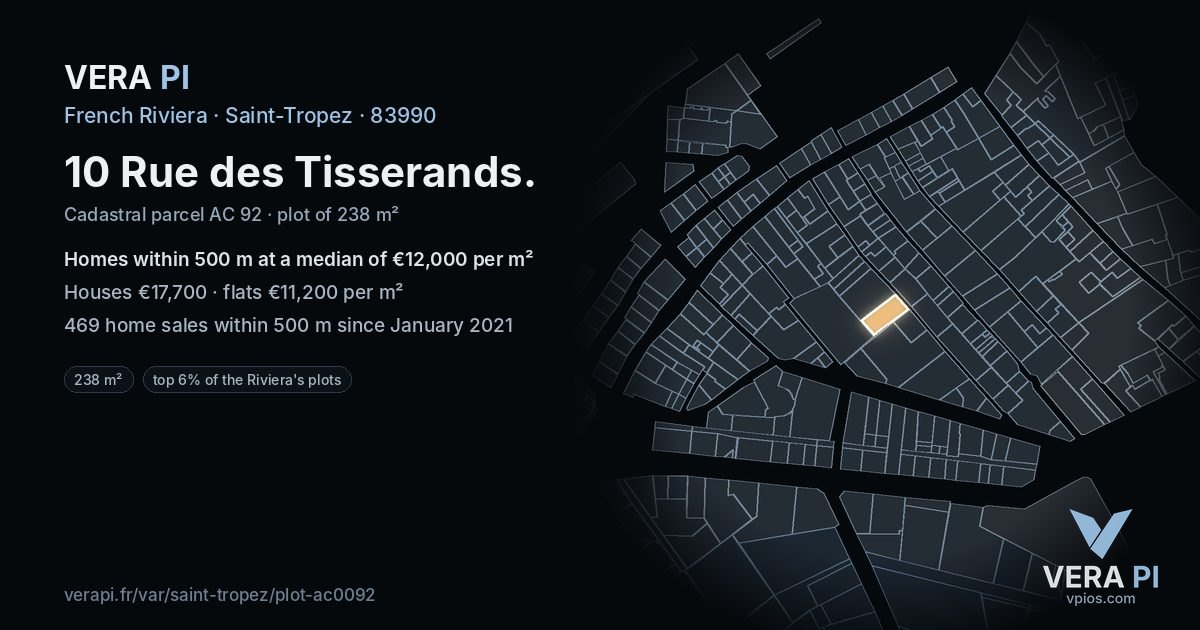 10 Rue des Tisserands, Saint-Tropez at night – the plot lit, the parcels around coloured by the prices near them