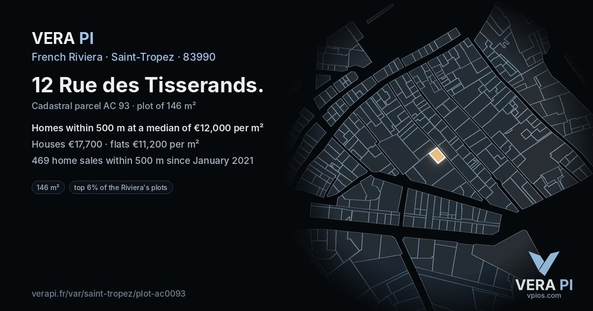 12 Rue des Tisserands, Saint-Tropez at night – the plot lit, the parcels around coloured by the prices near them