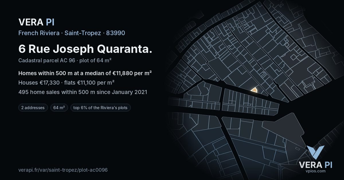 6 Rue Joseph Quaranta, Saint-Tropez at night – the plot lit, the parcels around coloured by the prices near them
