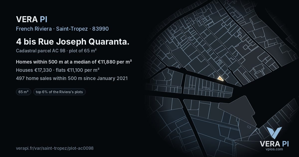 4 bis Rue Joseph Quaranta, Saint-Tropez at night – the plot lit, the parcels around coloured by the prices near them