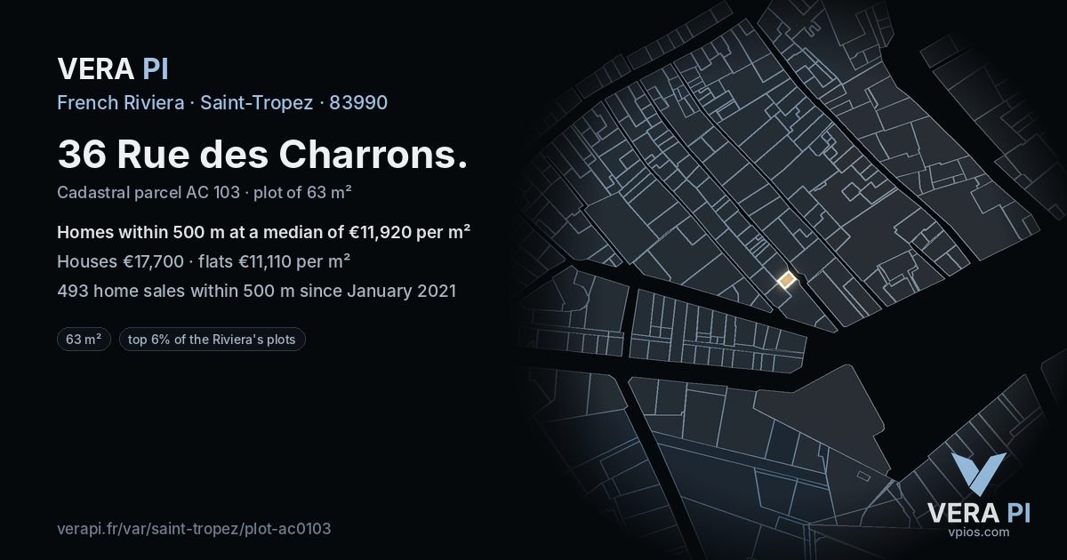 36 Rue des Charrons, Saint-Tropez at night – the plot lit, the parcels around coloured by the prices near them