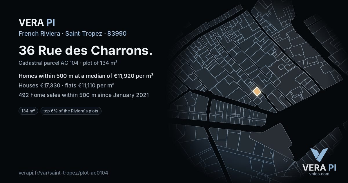 36 Rue des Charrons, Saint-Tropez at night – the plot lit, the parcels around coloured by the prices near them