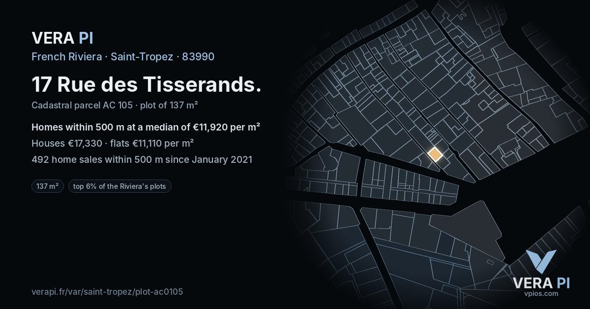 17 Rue des Tisserands, Saint-Tropez at night – the plot lit, the parcels around coloured by the prices near them