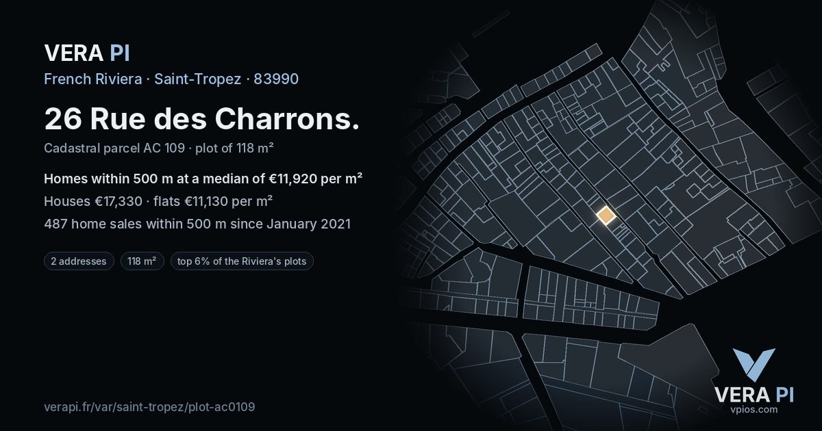 26 Rue des Charrons, Saint-Tropez at night – the plot lit, the parcels around coloured by the prices near them