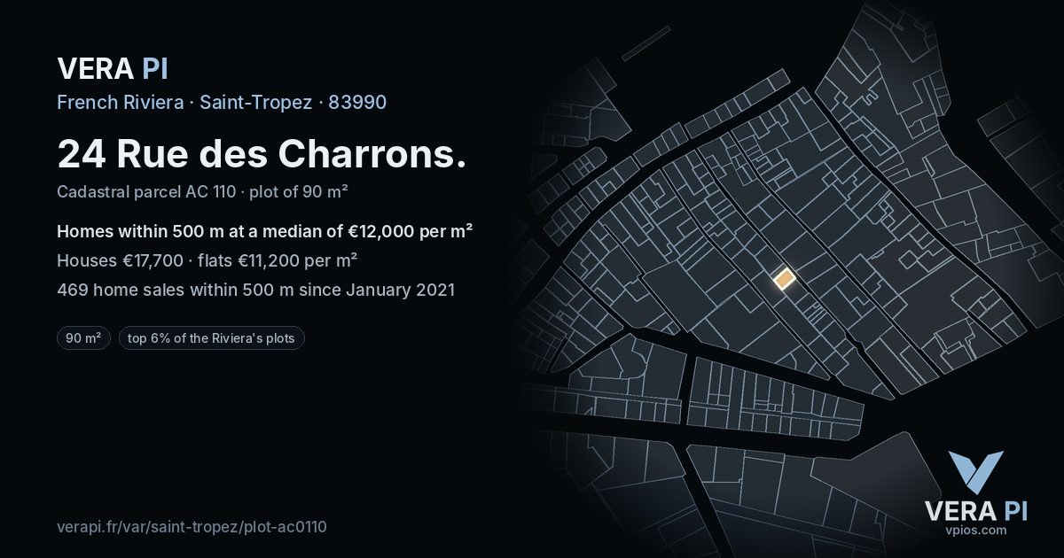 24 Rue des Charrons, Saint-Tropez at night – the plot lit, the parcels around coloured by the prices near them