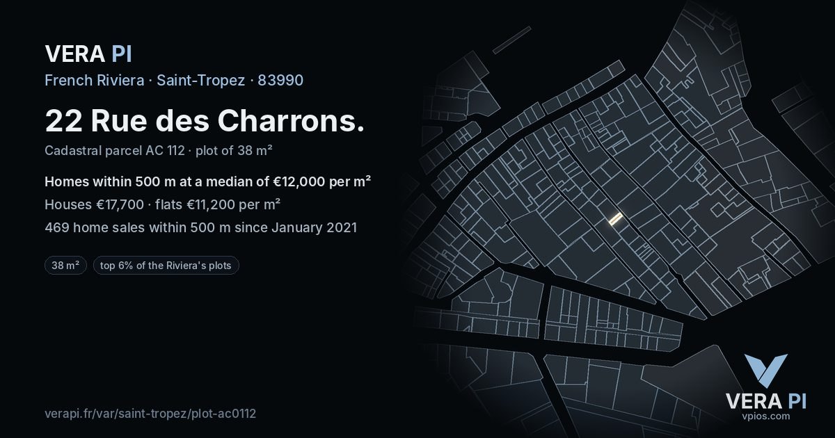 22 Rue des Charrons, Saint-Tropez at night – the plot lit, the parcels around coloured by the prices near them