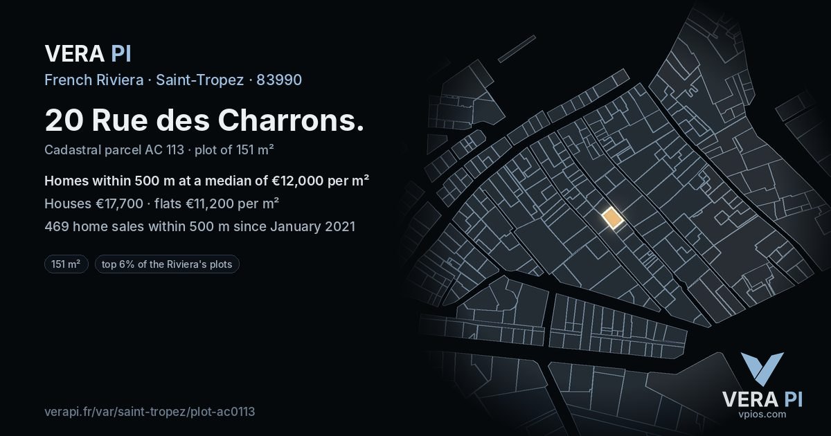 20 Rue des Charrons, Saint-Tropez at night – the plot lit, the parcels around coloured by the prices near them